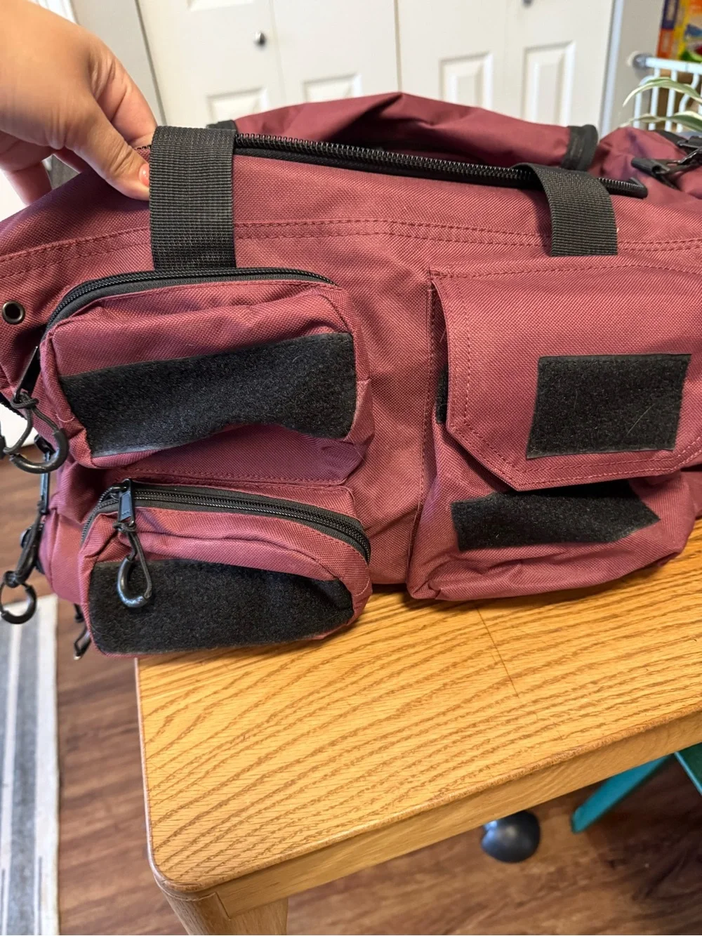 Bear Komplex Duffel Bag with Multiple Exterior Pockets Burgundy Maroon Red